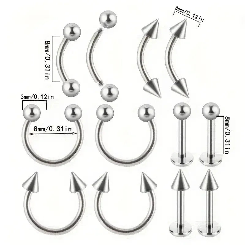 12PC/set Surgical Steel Body Piercing Jewelry Lot Bulk Nose Ring Tongue Bar Lot Eyebrow Labret Piercing Set Horseshoe Ring