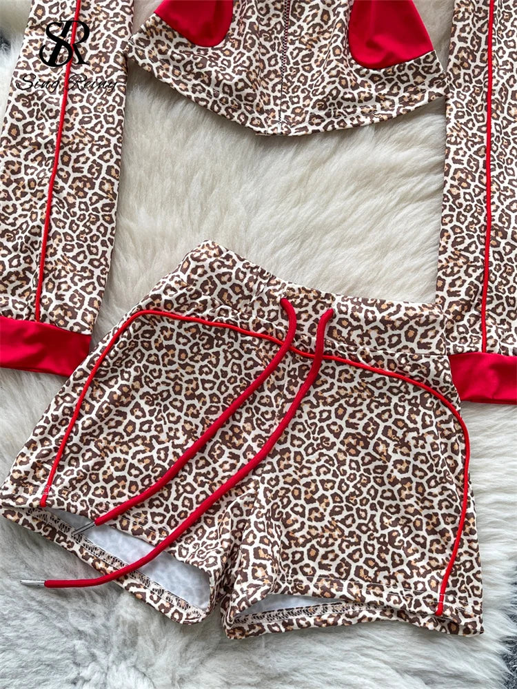 SINGREINY Sexy Leopard Two Piece Suits Female Stand Collar Zipper Slim Tops+Drawstring Mini Short 2025 Autumn Color Block Sets