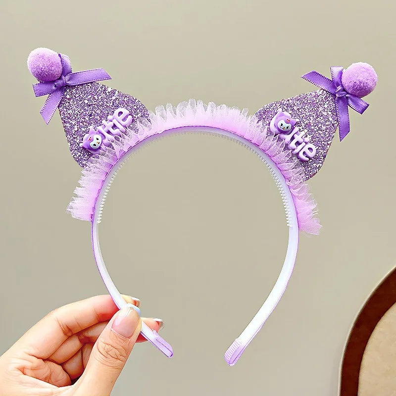 Kawaii Sanrio Kuromi Children Headband Hello Kitty Melody Cinnamoroll Cartoon Bow Shiny Hairband Hair Accessories Christmas Gift