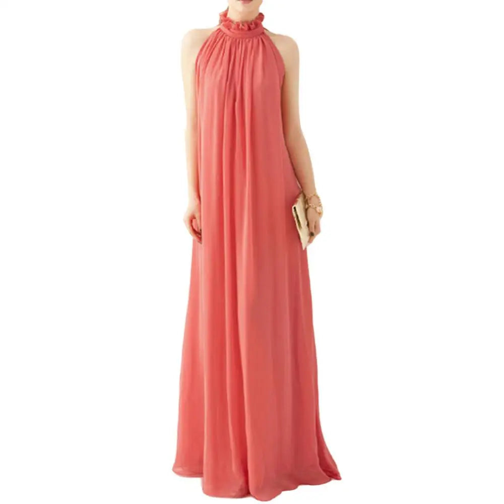 Halter Neck Dress Lace Up Elegant Sleeveless Club Party Dress Sexy Ruffled Evening Party Maxi Dress Prom Gown Beach Dresses