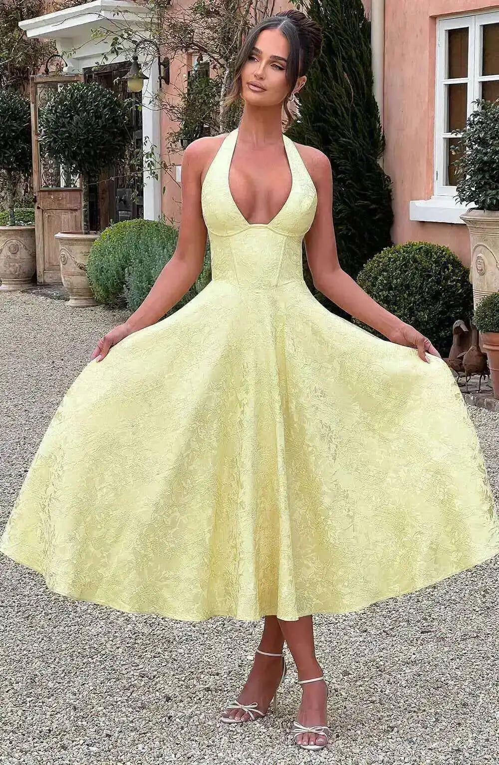 Giyu Club Evening Party Dresses Women 2025 Summer Sexy Bow Halter Long Dress Elegant Jacquard Lace Up Backless Birthday Robe