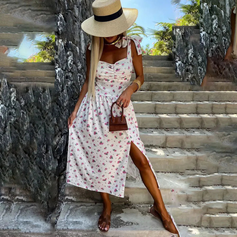 Summer Sexy Strap Midi Party Dresses Women 2024 Fashion Sleeveless Backless Print Slim White Dress Vacation Sundress Elegant