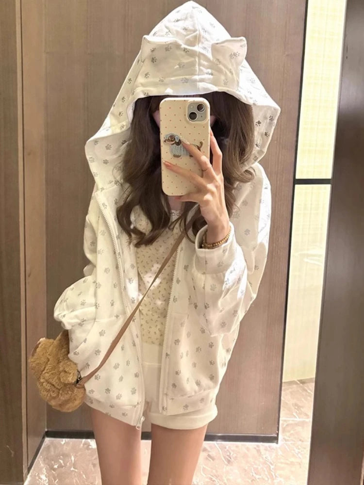 Cat's Ears Hooded Sweatshirts Women's Clothing Cute Y2k Tops 2025 Roap Mujer Cartoon Print Casual Fashion Japanese Hoodie Coat