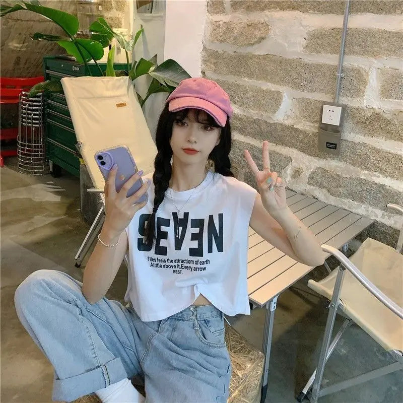 Women Clothing Summer Fashion Casual Letter Solid Color O-neck Female Simplicity Trend Appear Thin Sleeveless Tank Top Cardigan