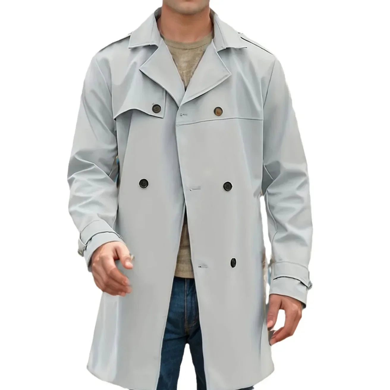European and American Men's Lapel Slim Fit Double-Breasted Casual Coat Spring and Autumn Solid Color Long Sleeve Windbreaker