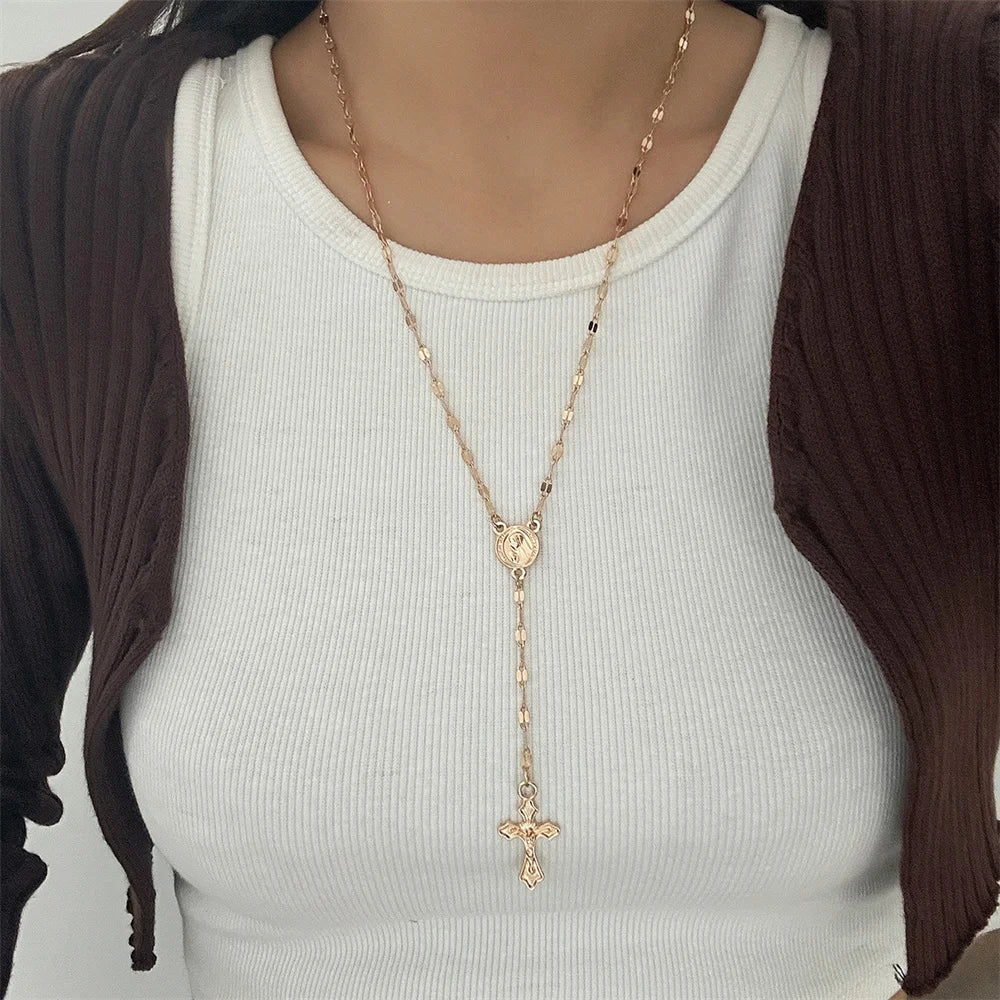 Unique Cross Pendant Necklace for Women Simple Crystal Necklace Sweater Chain Long Y-shaped Necklace Y2K Party Jewelry 2024