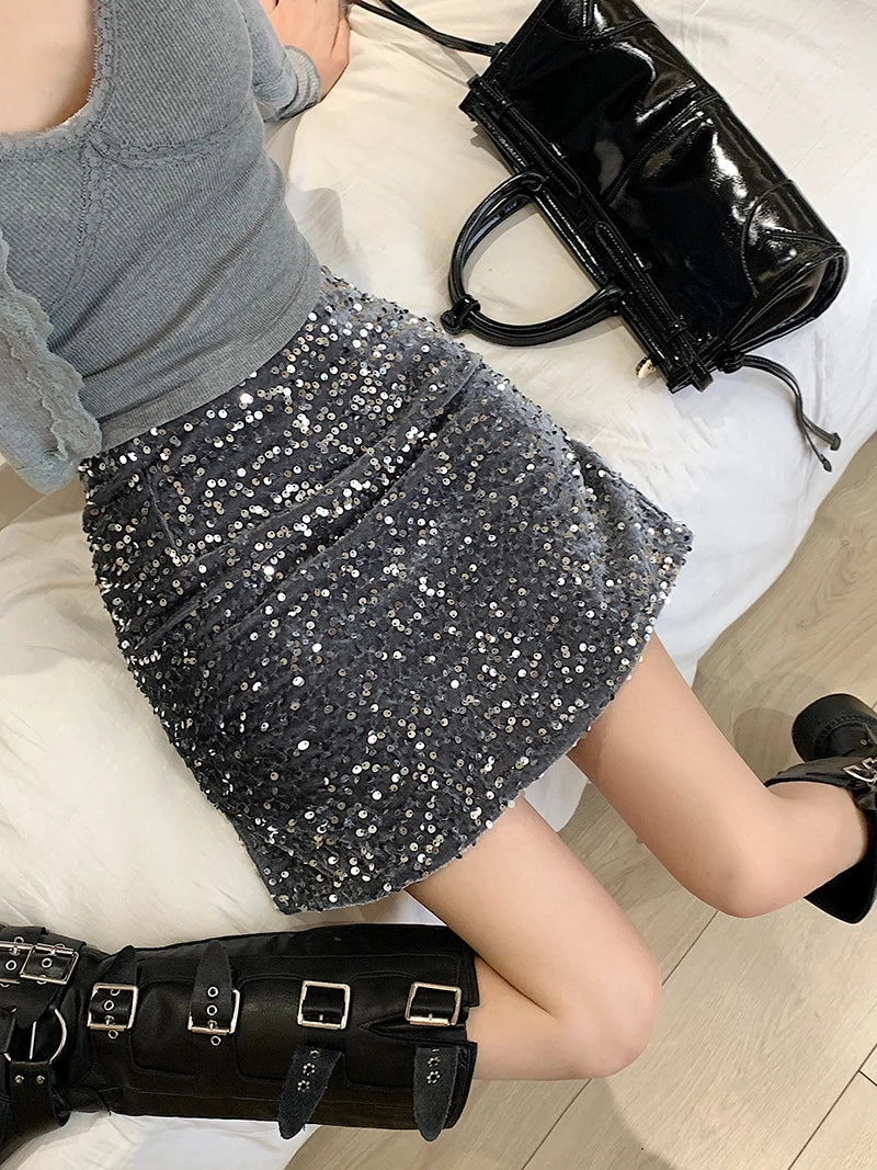 High Waist Sequined Casual A Line Skirts Women 2025 Elegant Korean Fashion Y2k Clothes Sweet Kawaii Black Micro Skirt Harajuku