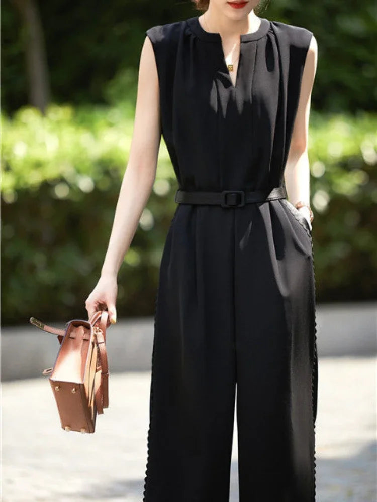 Fashion Casual Wide Leg Pants Rompers Women Bodysuit Sashes Slim Waist V-neck Jump Suit Korean Vintage Suit Summer Jumpsuit