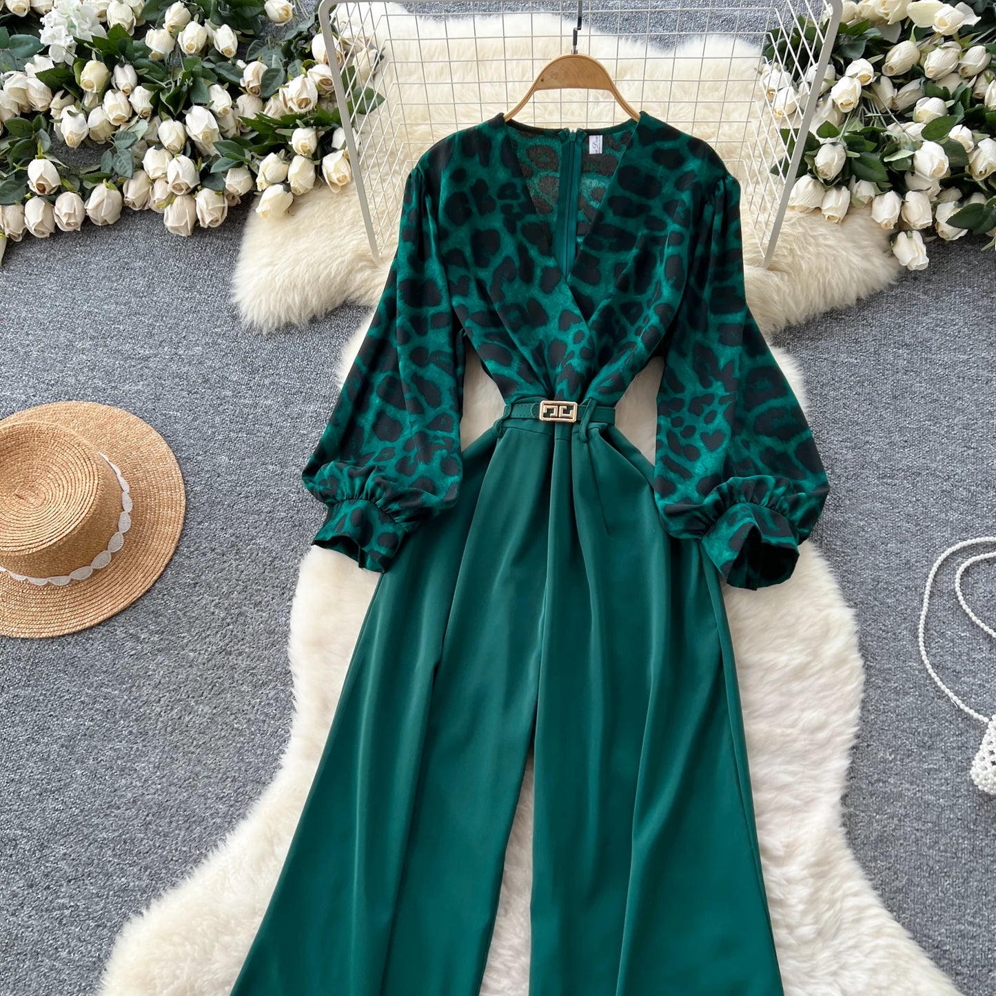 SINGREINY Autumn Leopard Long Jumpsuits V Neck Long Sleeves Belt Wide Legs Pants Women American Retro Senior Office Lady Rompers