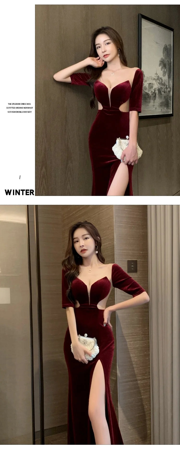 Velvet Sheer Deep V Neck Evening Gown Backless Floor Length Dress With Thigh High Slit Elegant Prom Gown Women Carpet Events