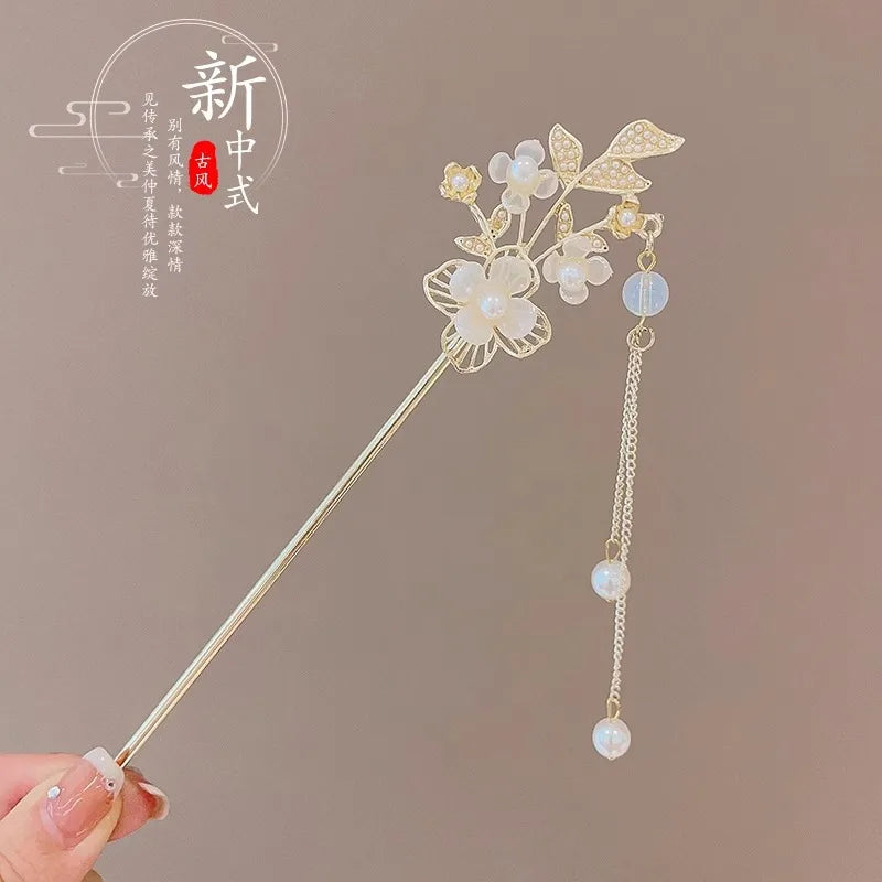 Elegant Chinese Style Hair Accessory Romantic Enameled Flower Tassel Hair Clip Alloy Jewelry Hairpin For Women Fashion Hairpin