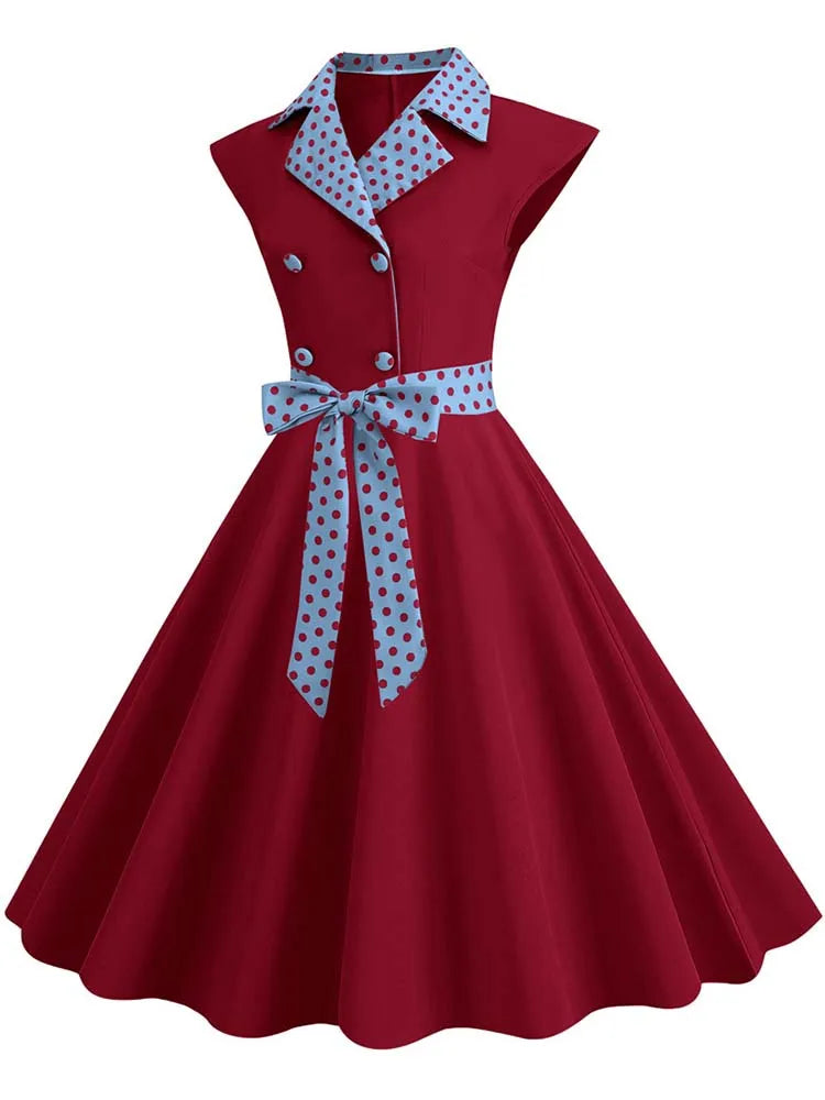 Notched Collar Vintage Solid Party Dresses Women Summer Sleeveless Belted Midi Swing Sundress