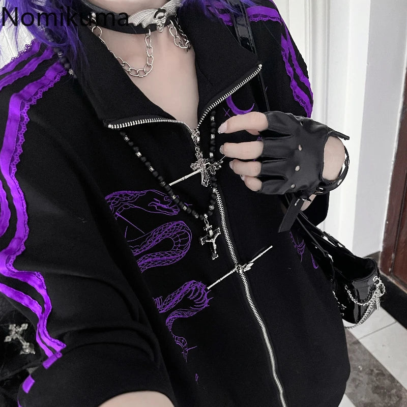 ストリートウェア パンク パーカー コート レディース 服 プリント ジッパー 半袖 スウェットシャツ カジュアル ファッション 夏 オーバーサイズ パーカー Y2K トップス