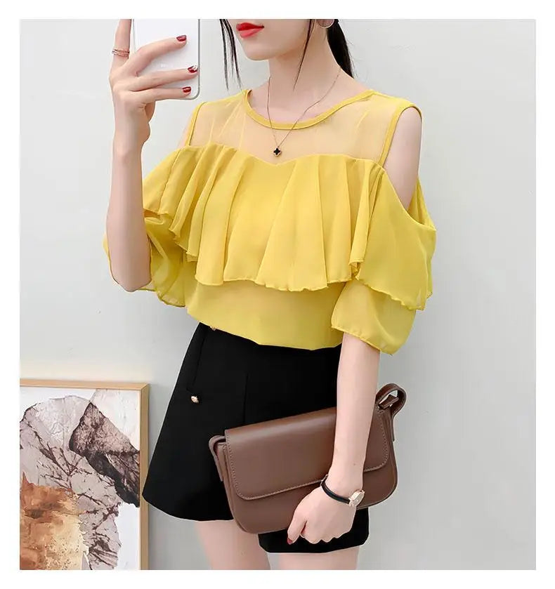 Off Shoulder Sexy Chiffon Blouses Women 2025 Summer Korean Fashion Clothes Ruffles Slim Sweet Ladies Casual Lace Tops Shirts Y2k