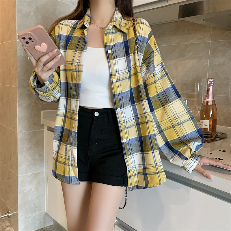 Women Tartan Shirt Long Sleeve Collared Button Up Oversized Plaid Shirt Jacket Grunge Fashion Teenage Girl Spring Summer Outfit