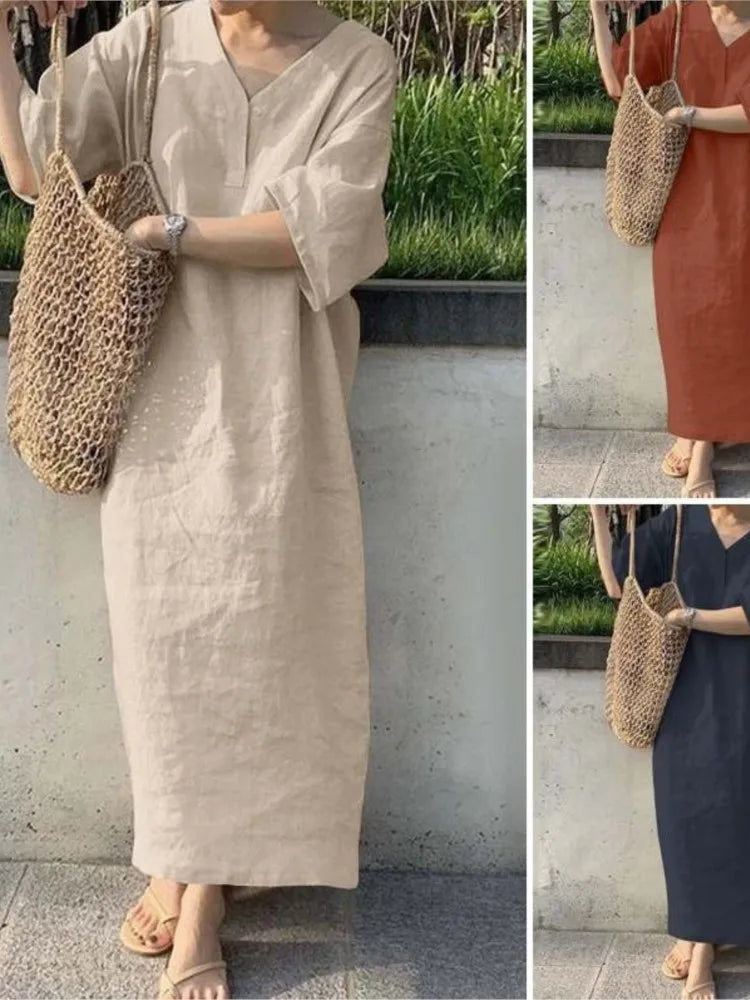 Women V Neck Button Short Sleeve Loose Maxi Dresses Summer Casual Female Holiday Beachwear Solid Color Cotton Linen Party Dress