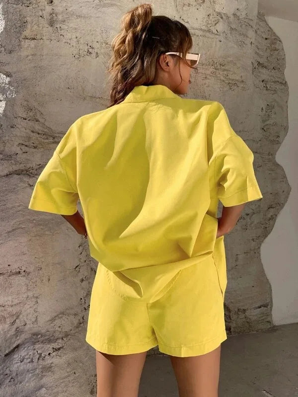 Long Sleeve Single breasted Top Broad legged Shorts Set Fashion Ladies Sexy Solid Suits 2024 Summer 2 Piece Outfits For Women