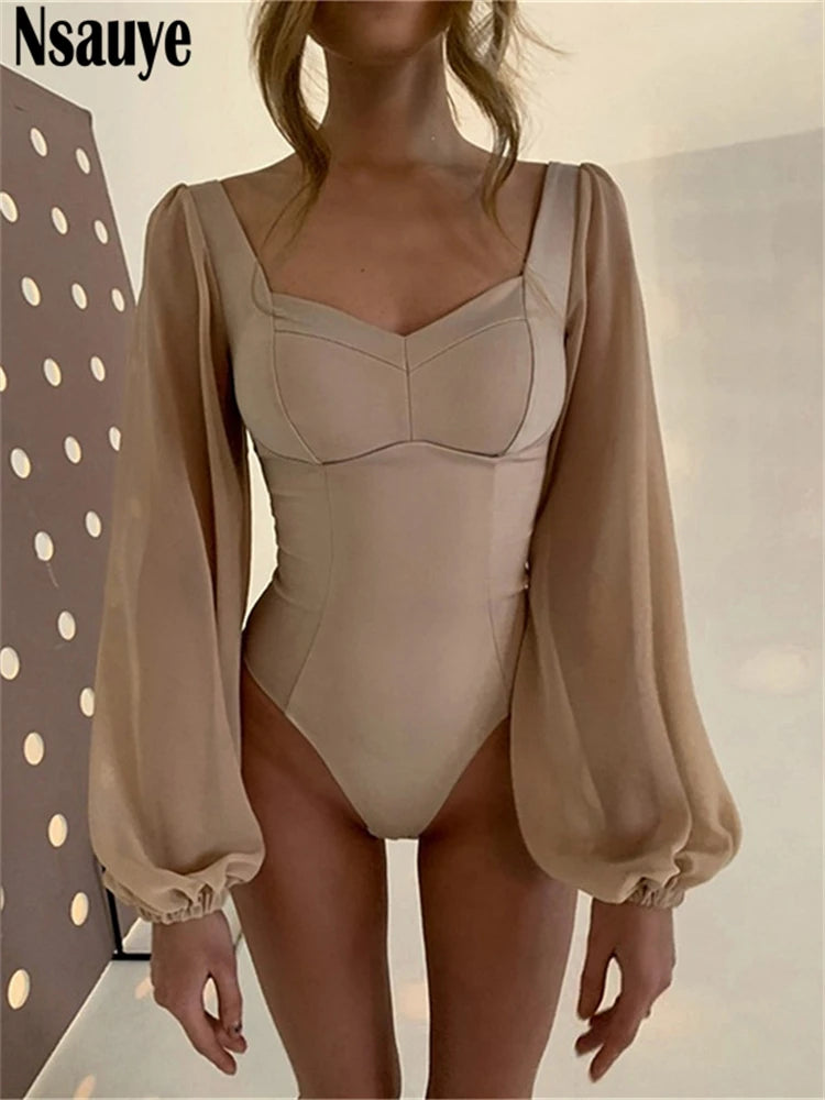Nsauye 2022 Autumn Summer Sheath Long Puff Sleeve Skinny Women Rompers Bodysuits Y2K Square Collar Fashion Jumpsuit Body Tops