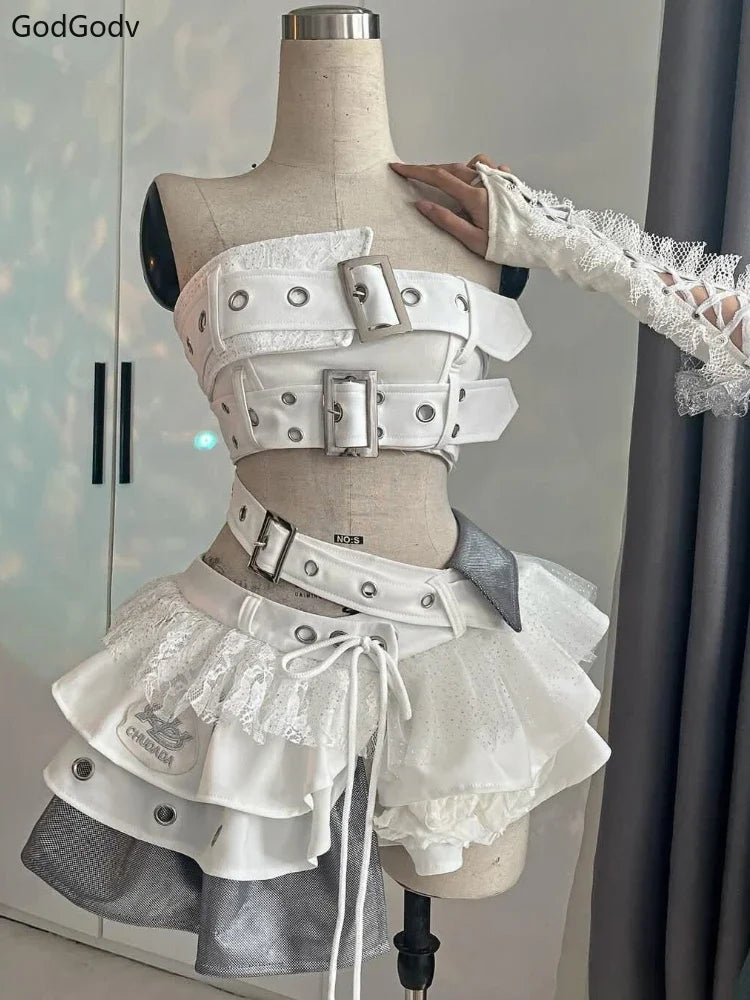 Punk Style Vintage Elegant Y2K Woman 2 Piece Sets Gothic Sleveless Crop Tops +High Waist Ruffle Skirt Female Party Chic Outfits