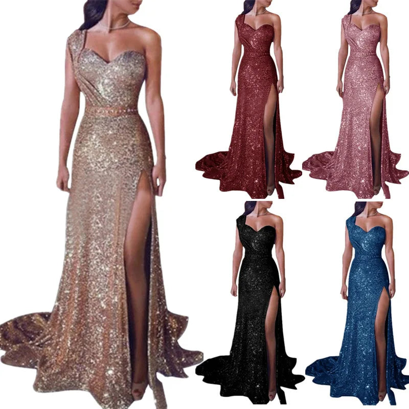 Wedding Party Dress Female Evening Elegant Sexy Deep V Neck One Shoulder Sleeveless Sequined Long Maxi Dresses For Women 2023