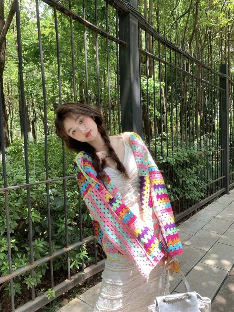 SALIENCY Colorful Crochet Knit Hollow Cardigan Sweater Jacket Women Spring Top Loose Short Knitwear