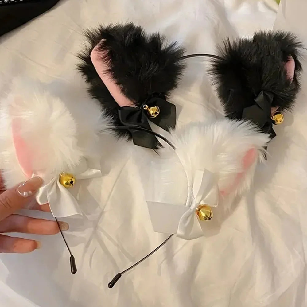 2Pcs Sexy Cat Ears Women Plush Bell Headband with Bell Heart Neckchain Cosplay Masquerade-Party Costume Hair Accessories
