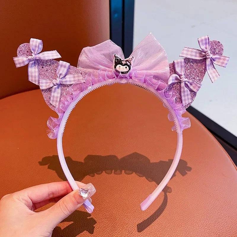 Kawaii Sanrio Kuromi Children Headband Hello Kitty Melody Cinnamoroll Cartoon Bow Shiny Hairband Hair Accessories Christmas Gift