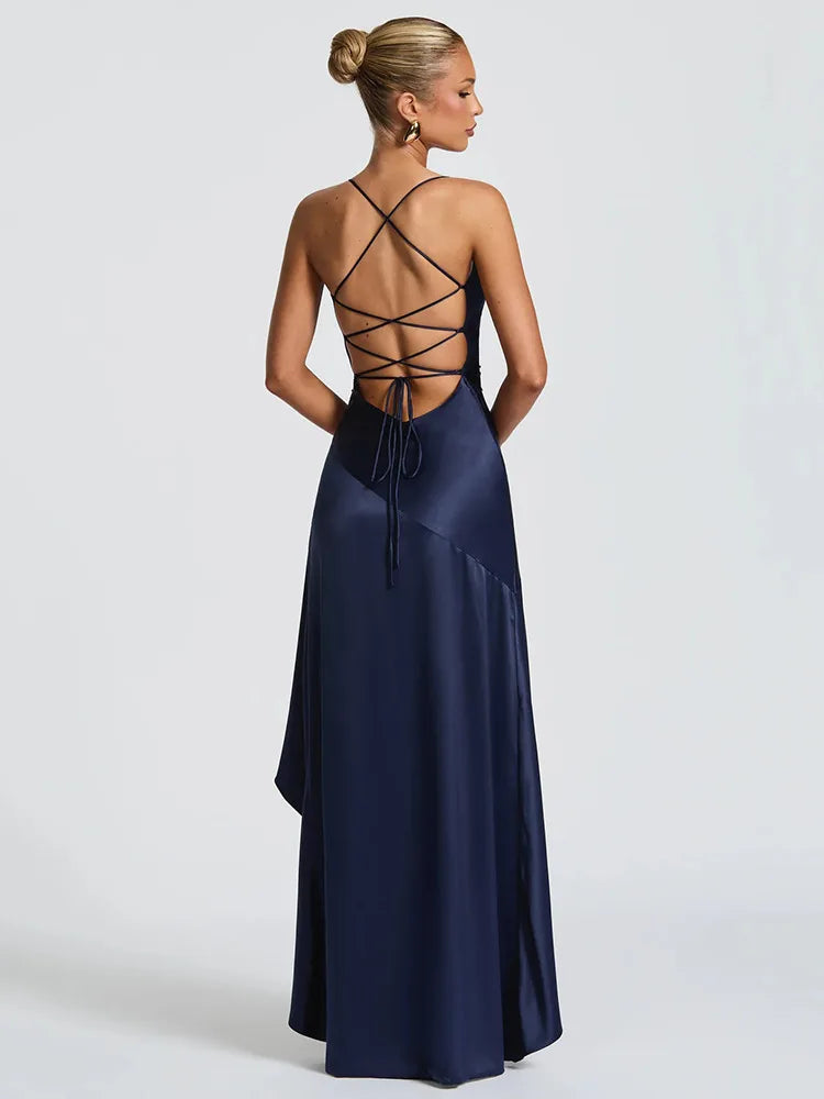 Articat Elegant Spaghetti Strap Satin Split Maxi Dress Women Sexy Backless Bodycon Party Evening Dress Summer Holiday Beachwear