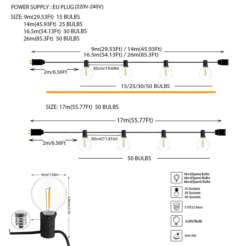 110V/220V 屋外用ストリングライト LED G40 フェストゥーン フェアリー パティオ ガーランド ランプ ウェディング ストリート キャンプ ガーデンパーティー デコレーションライト