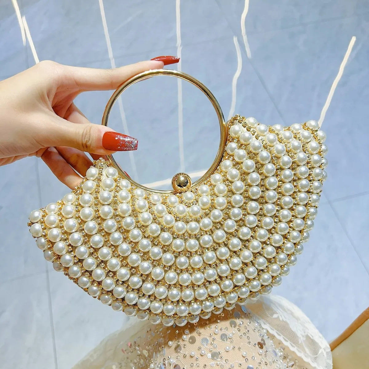 Luxurious Design Sparkling Banquet Clutch Bag Fashion Pearl inlay Wedding Handbag Lady Chain Shoulder Bag New Clutch Purse