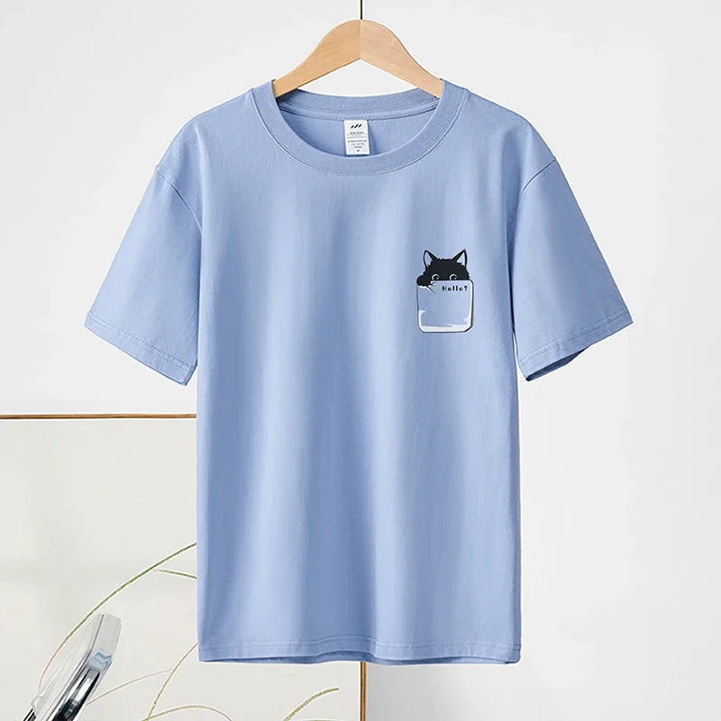 2024 Summer New Pure Cotton Cat Printed Men T-shirts Short Sleeve Casual Solid Color Simple Thin Men Tops BOK0121