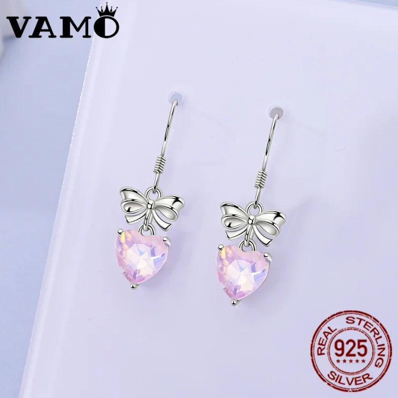 VAMO 925 Sterling Silver Bow Tie and Heart Earrings Women Sparkling Ear Studs CZ Earring For Anniversary Wedding Gift
