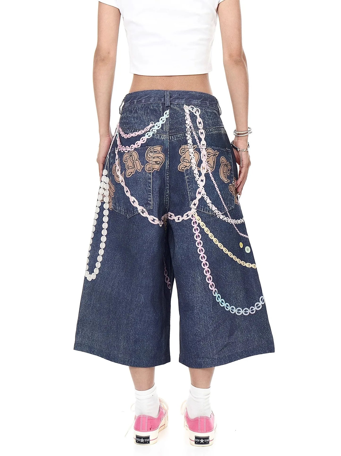 Chain Print Blue Jeans orts Men's Summer Loose Straight Leg Seven-Foot Pants Casual High Waist Corduroy Youth Faion