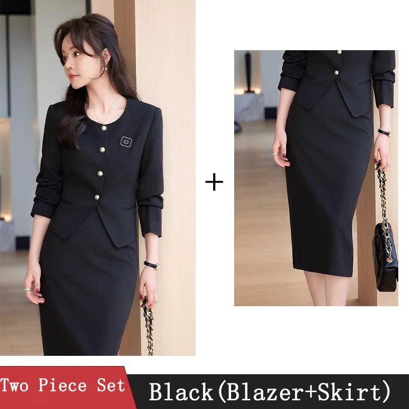 Spring Summer Long Sleeve Women Business Work Wear Suits with Skirt and Tops Formal Professional Office OL Styles Dress Sets