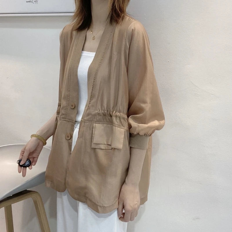 Plus Size Waist Tie V-neck Black Blazer Women Summer Cardigan Sunscreen White Jacket Korean Fashion Casual Pocket Outerwear New