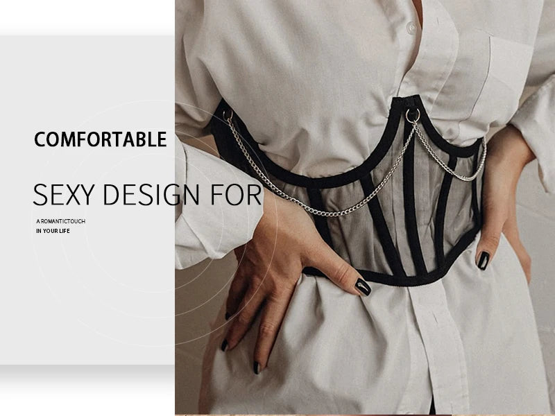 Sexy Corset Underbust Punk Metal Chain Black Women Top Curve Shaper Strap Slimming High Waist Belt Lace Bustiers