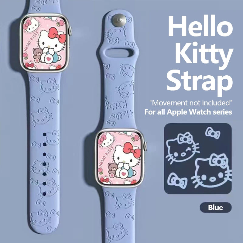 ハローキティとスティッチのシリコンバンド、Apple Watch用、38-45mm、Saniro製、3Dレーザー彫刻、iWatchシリーズSE、7、5、6、8、9、Ultra 2対応