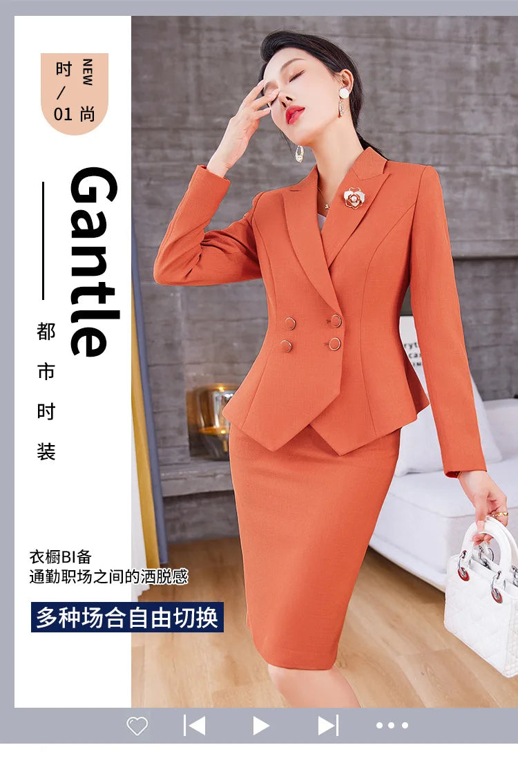 Navy Blue Suits Women 2023 New Spring Autumn Professional Long Sleeve Slim Blazer And Skirt Sets Office Ladies Work Wear Orange