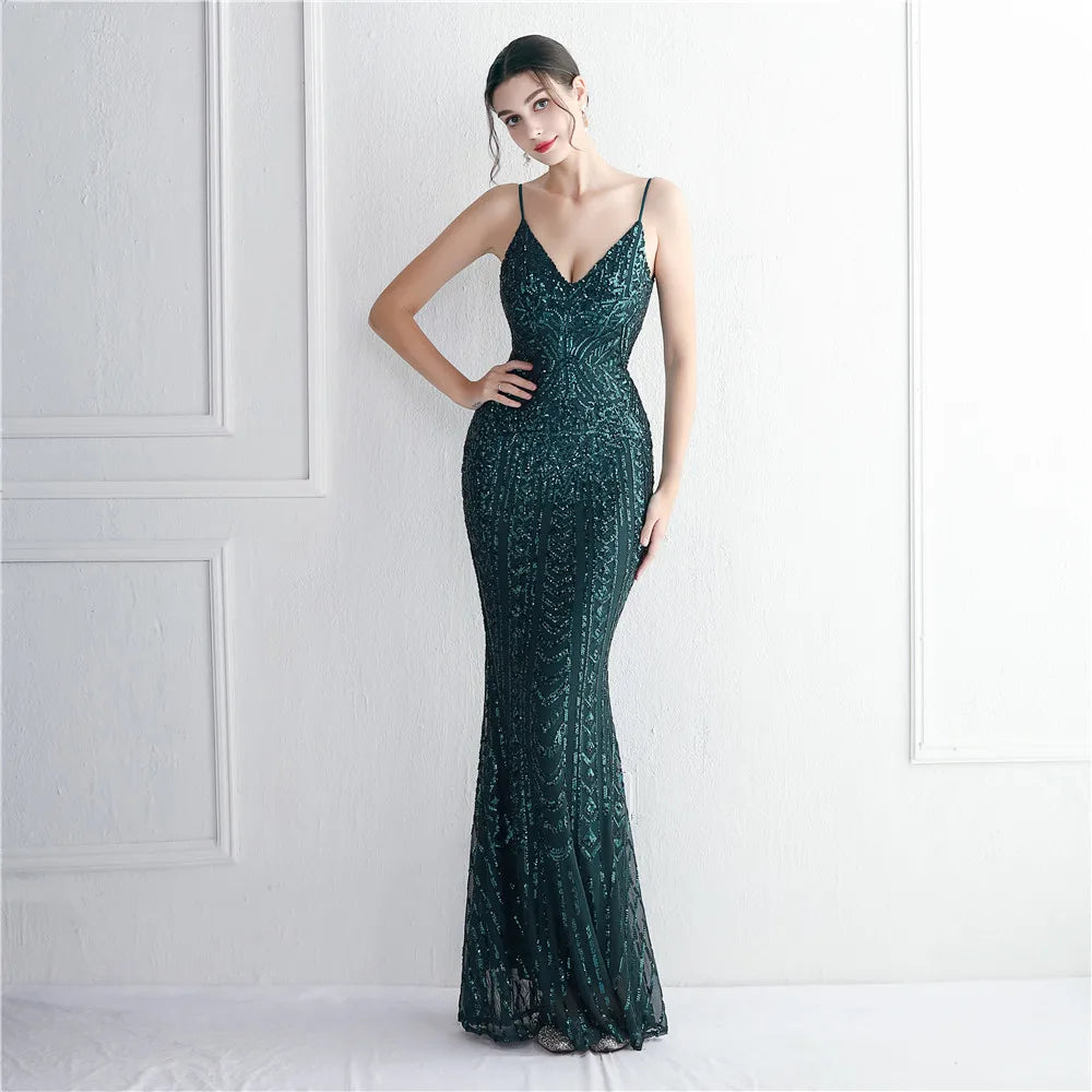 Women's Black Long Sleeve Padded Strap Sequin Dress Length, Sparkles Stretch, V Neck Mermaid, Formal Evening Dress, Night Party