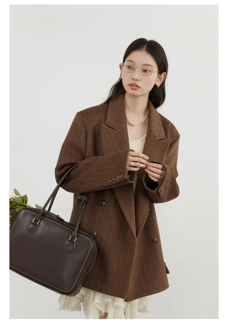 CHIC VEN Women Woolen Blazer Loose Vintage V Neck Female Jacket Suit Double Breasted Office Ladies Coat Spring Autumn 2025