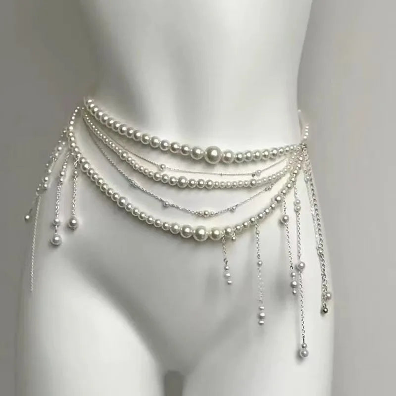 Y2K Designer belt Jewelry Multilayer Pearl waist chain for Women's Fashion Retro Character Playing Body Accessories Party Belts