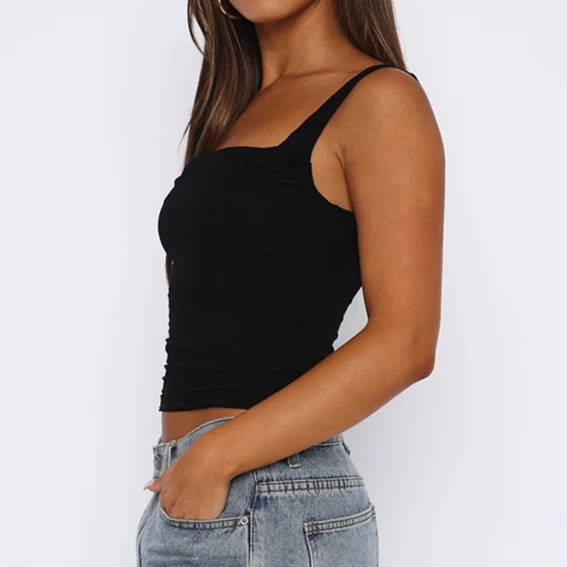 Sexy Tank Women Summer New Tops Solid Backless Streetwear Casual Slim Sleeveless Camisole Fashion Folds Tank Tops Lady Clothing