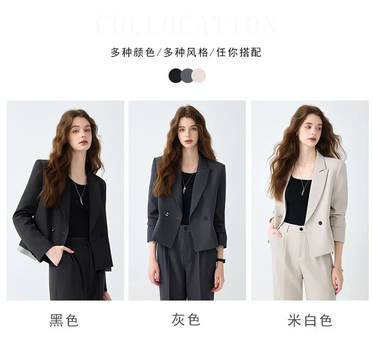 Solid Suits for Women 2025 Spring Fashion Office Ladies Long Sleeve Double Breasted Short Tops Chic Cargo Pant Suits