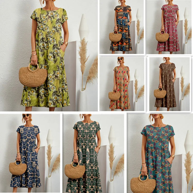 Fashion Women's Cotton and Linen Dress, Round Neck Printed Short Sleeved A-line Maxi Skirt, Unique Floral Long Dresses Vestidos