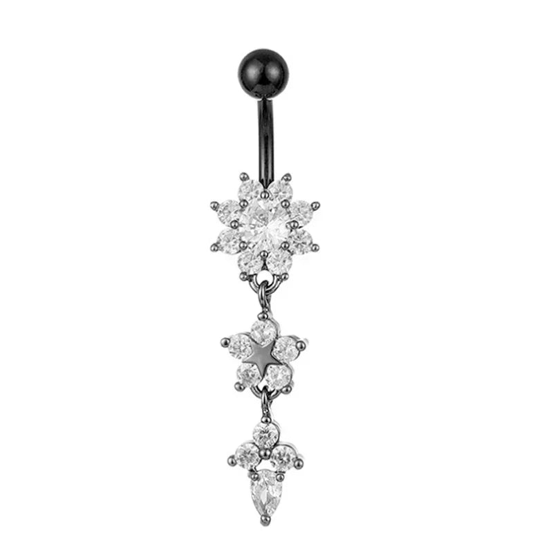 Alloy Zircon Navel Nail Ring Crystal Bar Barbell Drop Flower Dangle Body Piercing Belly Button Rings Men Women Body Jewelry Gift