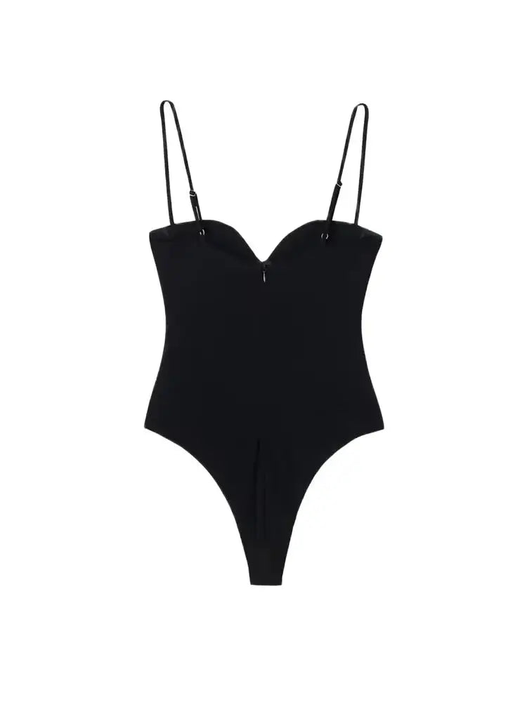 TRZA Women Sexy Fashion With Sweetheart Neck Draped Bodysuits Backless Zipper Thin Straps Female Playsuits Mujer