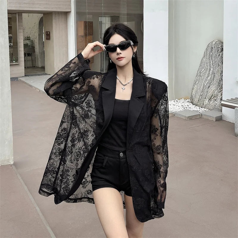 Women Clothing Summer Thin Jackets 2025 Ropa Mujer Patchwork Lace Temperament Coat Sexy Y2k Tops See Through Oversized Outwear
