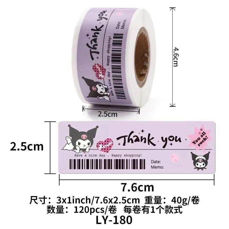 120PCS Cute Sanrio Kuromi My Melody Stickers Roll Kawaii Cartoon Thank You Sealing Labels Sticker Anime Vinyl Decor Decals Gift