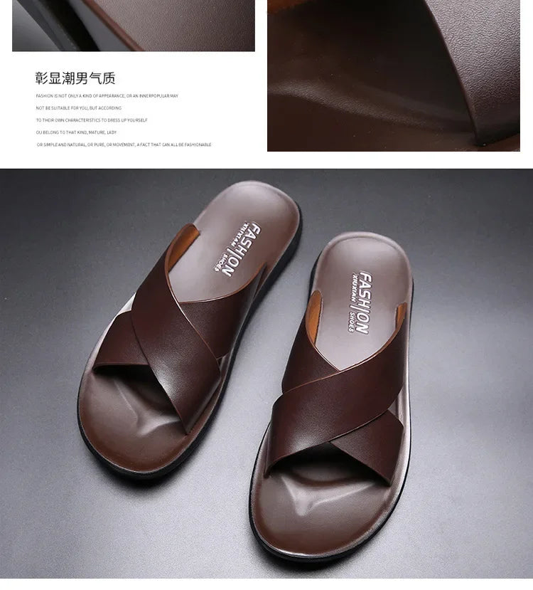 Sandals for Men Slippers Genuine Leather Luxury Brand Fashion Men Flats Casual Non-slip Beach Sandalia Zapatos Hombre 2024