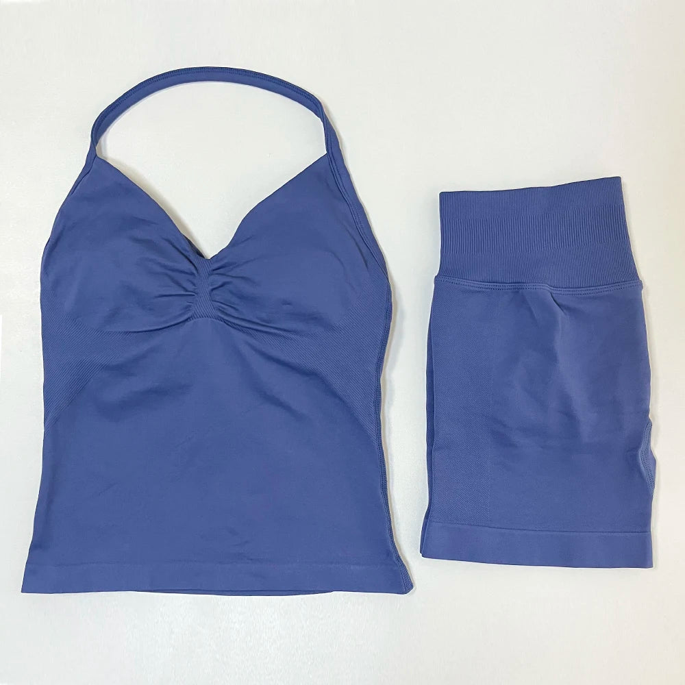 2pcs Gym Set Women Backless Tank Top and Scrunch Seamless Yoga Shorts Suits Fitness Yoga Set Activewear Workout Sets Sports Suit